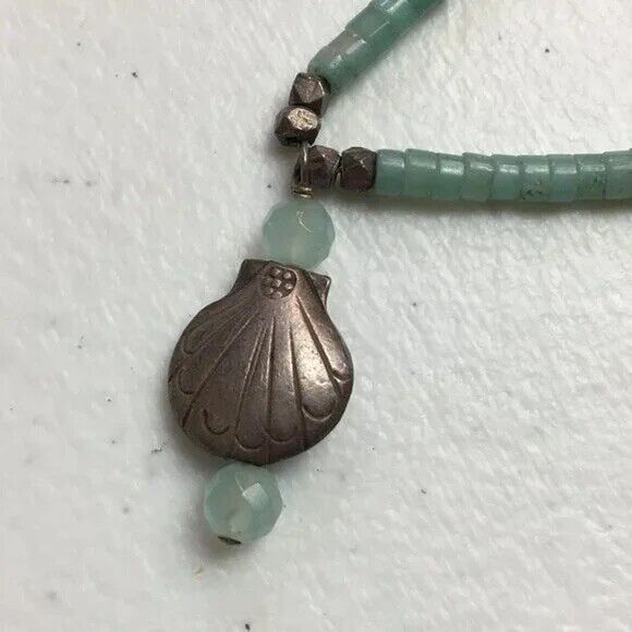 Beaded Aventurine Necklace 19in Heishi Beads Discs Silver Tone Shell Pendant - Picture 6 of 8